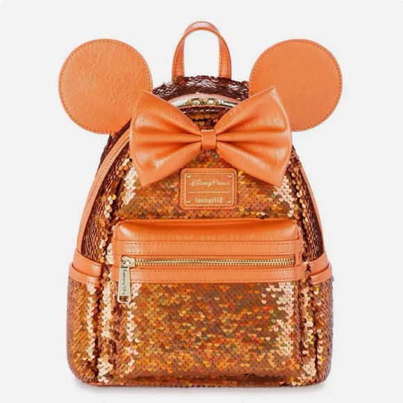 Loungefly Handbags - Disney Parks Minnie Mouse Sequined Loungefly Mini Backpack Peach Punch